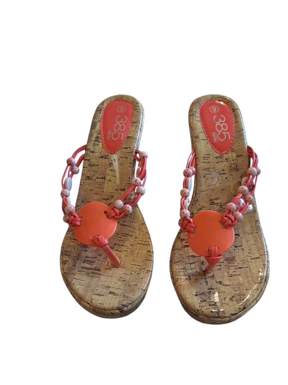 Coral Beaded Cork Wedge Thong Sandals